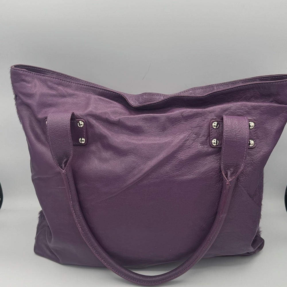 Innue Made in Italy Genuine Leather Calf Hair Plum Purple Tote Bag - Picture 4 of 9